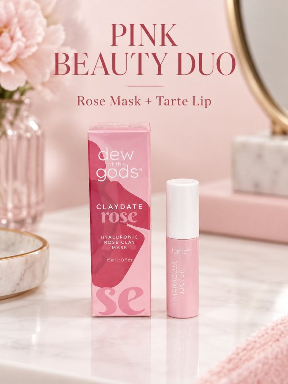 Dew of the Gods Claydate Rose Clay Mask Tarte Rose Lip Mini Beauty Bundle